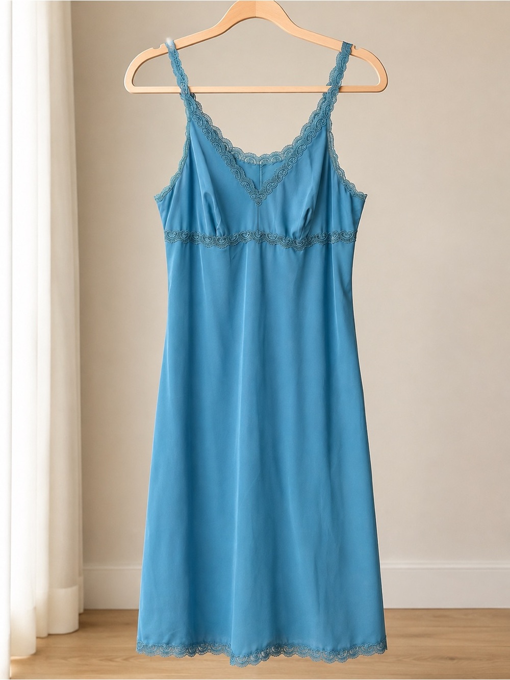Vintage Turquoise Blue Lace Trim Slip Nightgown